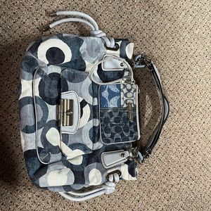 Coach blue/cream/silver shoulder purse with matching wristlet